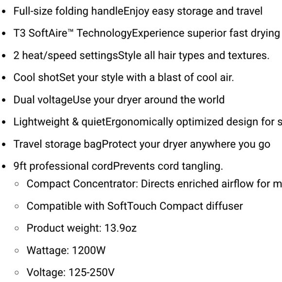 T3 FEATHERWEIGHT COMPACT Folding Compact Hair Dryer - Picture 3 of 4